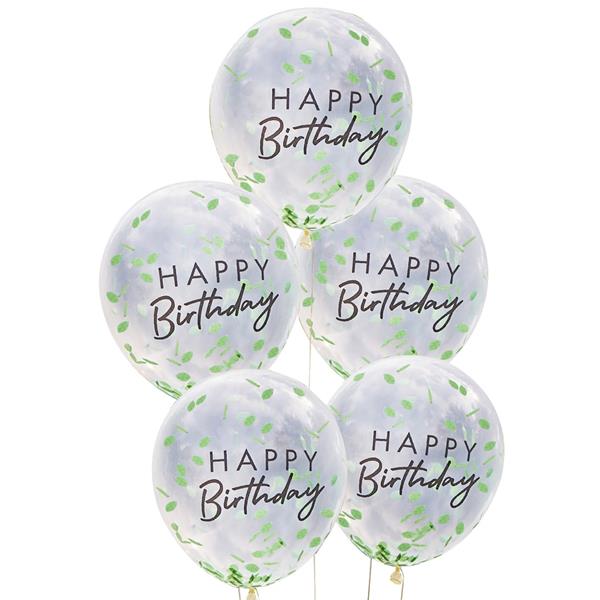 Balões Happy Birthday com Confetis Verdes Látex, 6 unid.